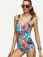 Romwe Multicolor Flower Print Caged Back One Piece Swimwear