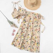 Romwe Knot Back Floral Halter Top With Skirt