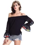 Romwe Black Shirred Off The Shoulder Embroidered Blouse