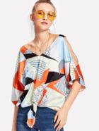 Romwe Open Shoulder Knot Hem Geo Blouse