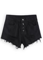 Romwe With Buttons Ripped Fringe Denim Black Shorts