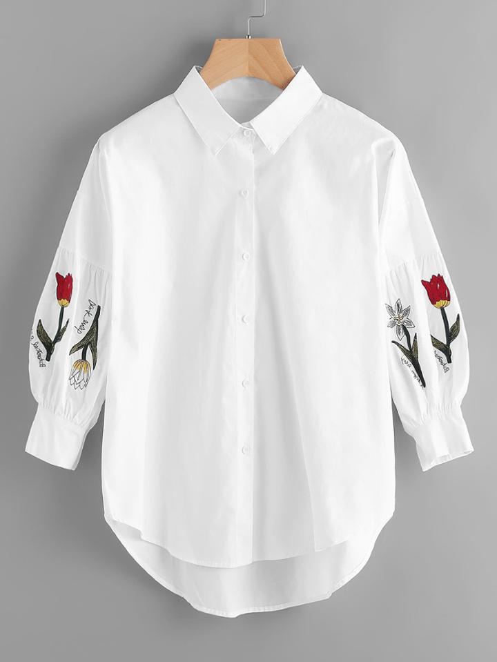 Romwe Flower Embroidery Single Breasted Blouse