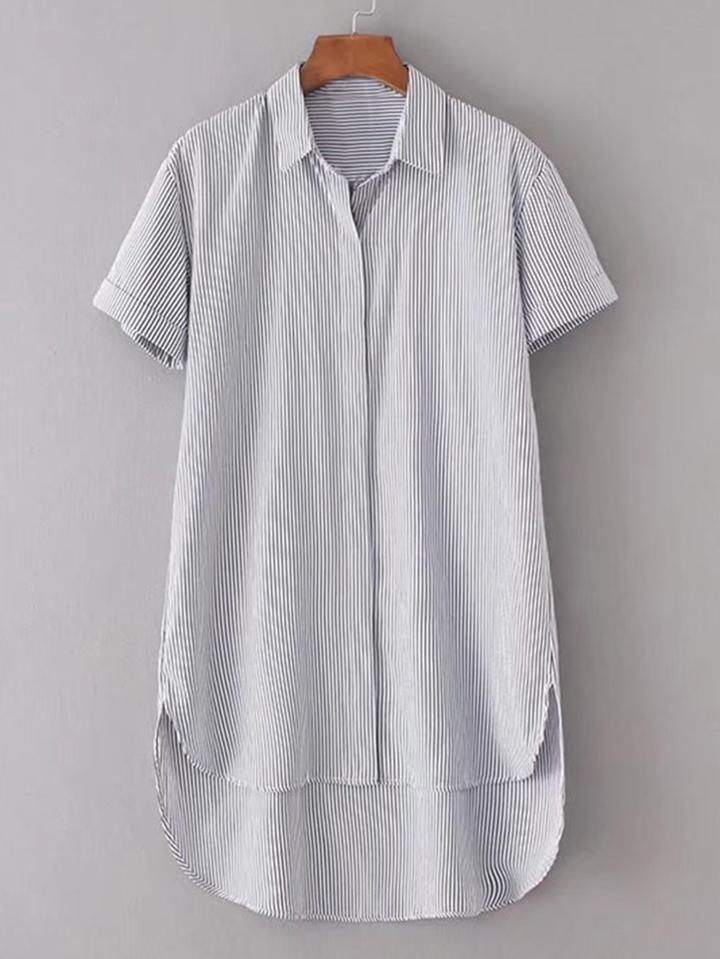Romwe Rolled Cuff High Low Shirt Dress