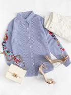 Romwe Embroidered Sleeve Striped Shirt