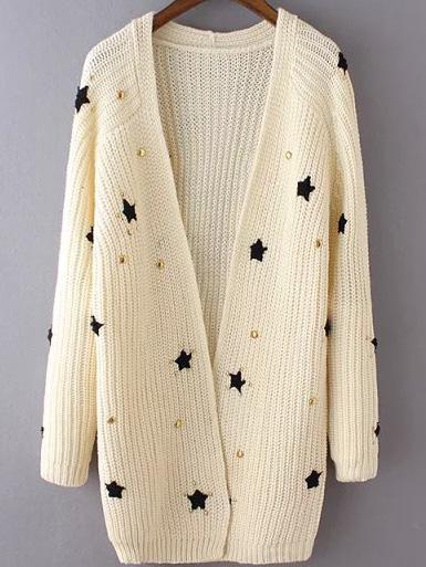 Romwe Stars Pattern Bead White Coat