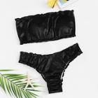 Romwe Lettuce Trim Velvet Bandeau With Cheeky Bikini Set