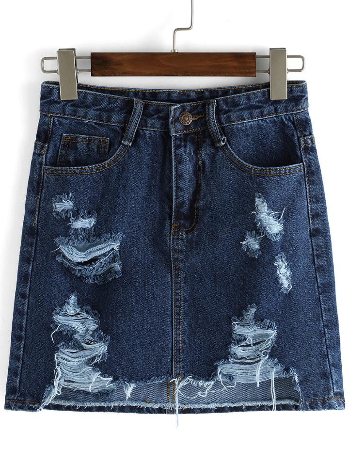 Romwe Ripped Denim Skinny Blue Skirt