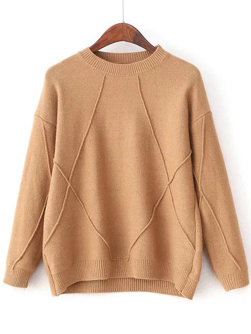 Romwe Khaki Crew Neck Ribbed Trim Sweater
