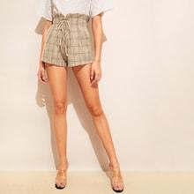 Romwe Corset Paperbag Waist Plaid Shorts