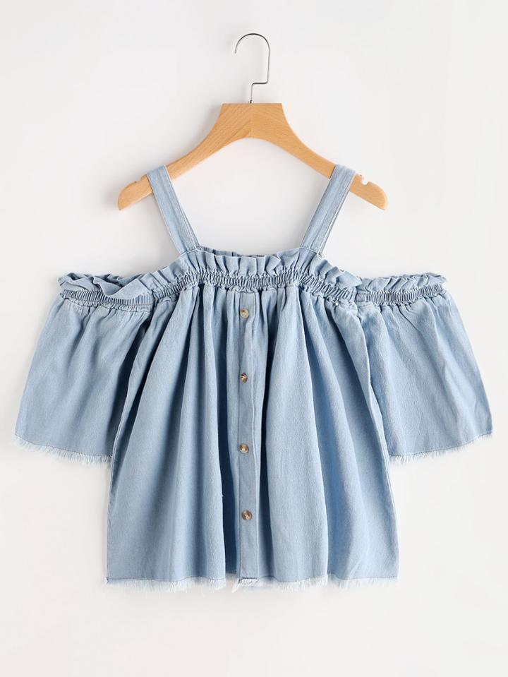 Romwe Cold Shoulder Button Front Denim Top