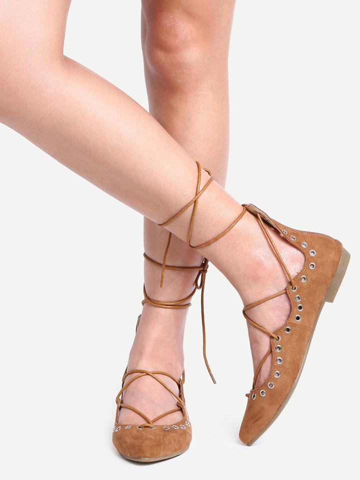 Romwe Laser-cut Lace-up Pointed Toe Flats - Camel
