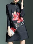 Romwe Black Collar Flowers Pleated Elastic Dress