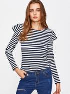 Romwe Ruffle Embellished Rib Knit Striped Top