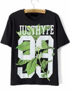 Romwe Black Leaves 93 Print Loose T-shirt
