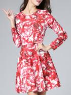 Romwe Red Round Neck Long Sleeve Print Dress