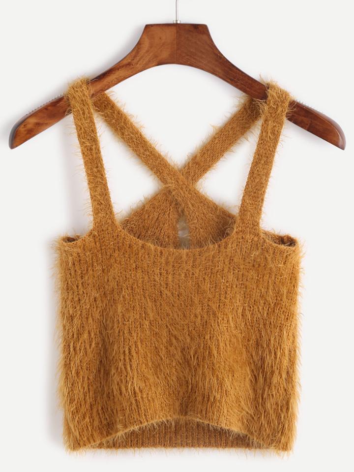 Romwe Khaki Criss Cross Back Crop Sweater Vest