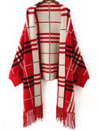 Romwe Plaid Fringe Red Poncho Sweater