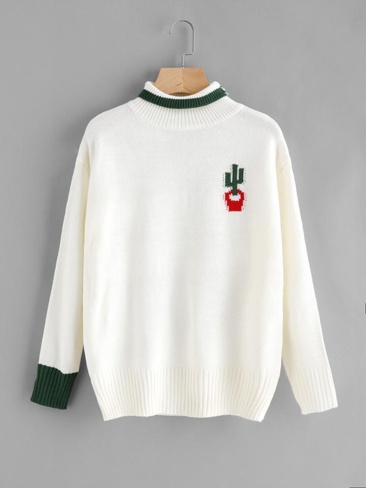 Romwe High Neck Cactus Embroidered Sweater