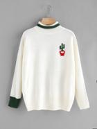 Romwe High Neck Cactus Embroidered Sweater