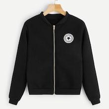 Romwe Star Patched Zip-up Sweatshirt