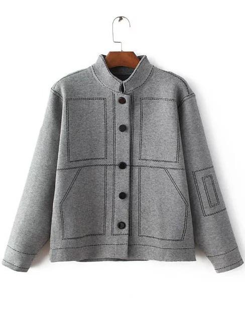 Romwe Grey Contrast Trim Button Up Sweater Coat