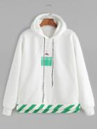 Romwe White Printed High Low Drawstring Hooded Sweatshirt