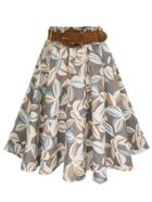 Romwe Grey Leaf Print Circle Skirt