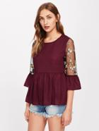 Romwe Contrast Embroidery Mesh Sleeve Smock Top