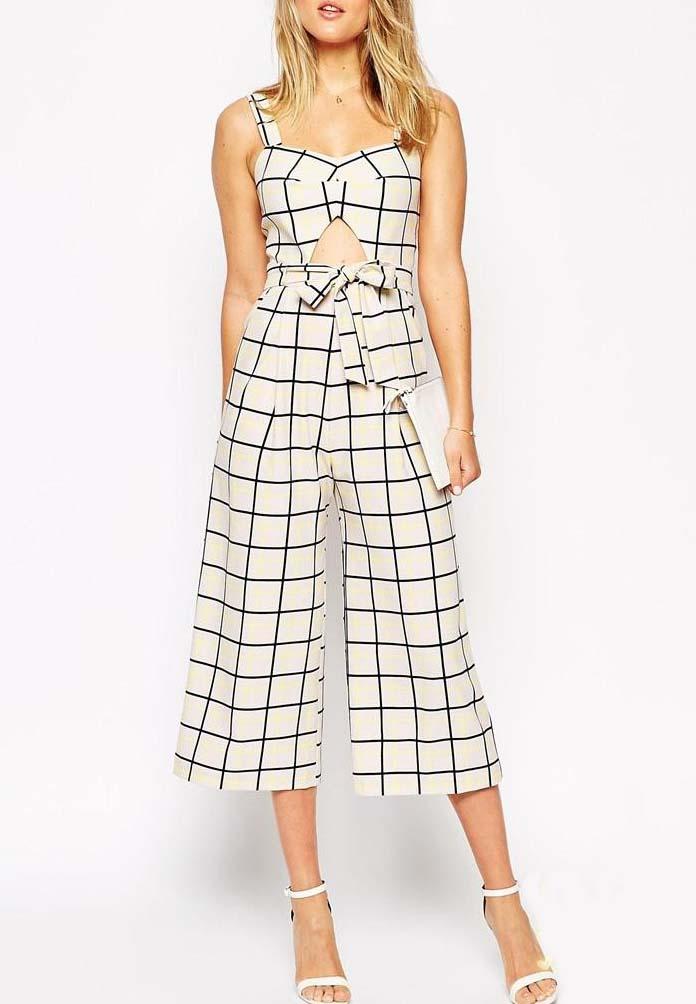 Romwe Spaghetti Strap Hollow Plaid Jumpsuit