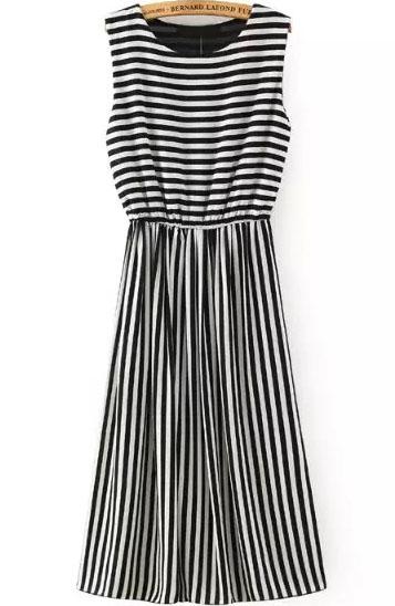 Romwe Round Neck Sleeveless Striped Black Dress