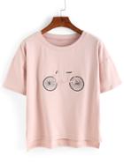 Romwe Bicyle Embroidered High Low T-shirt - Pink
