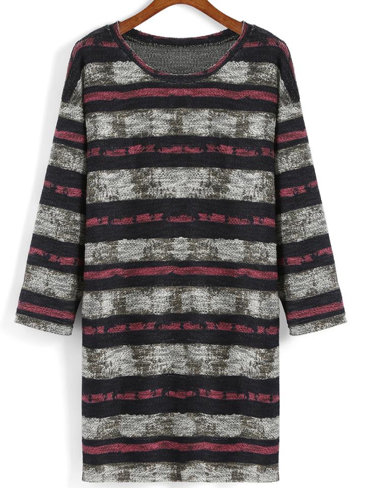 Romwe Round Neck Striped Long Sweater