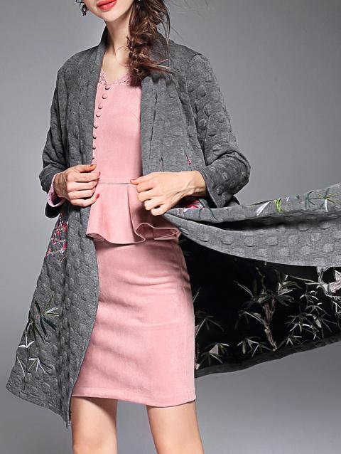Romwe Grey Long Sleeve Embroidered Coat