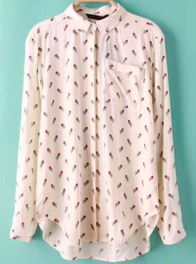 Romwe Beige Long Sleeve Feather Print Dipped Hem Blouse