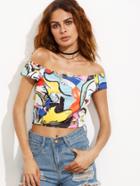 Romwe White Painting Print Off The Shoulder T-shirt