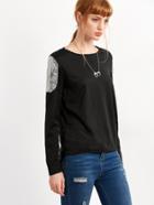 Romwe Black Dip Hem Sequin Embellished T-shirt