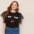 Romwe Plus Contrast Pearl Beaded Mesh Cuff Tee
