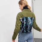 Romwe Contrast Sequin Buttoned Crop Jacket