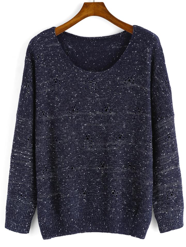 Romwe Polka Dot Hollow Blue Sweater