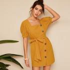 Romwe Tortoise Button Through Belt Dress