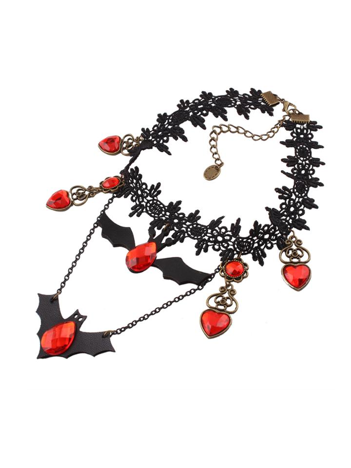Romwe Bat & Heart Design Pendant Lace Choker