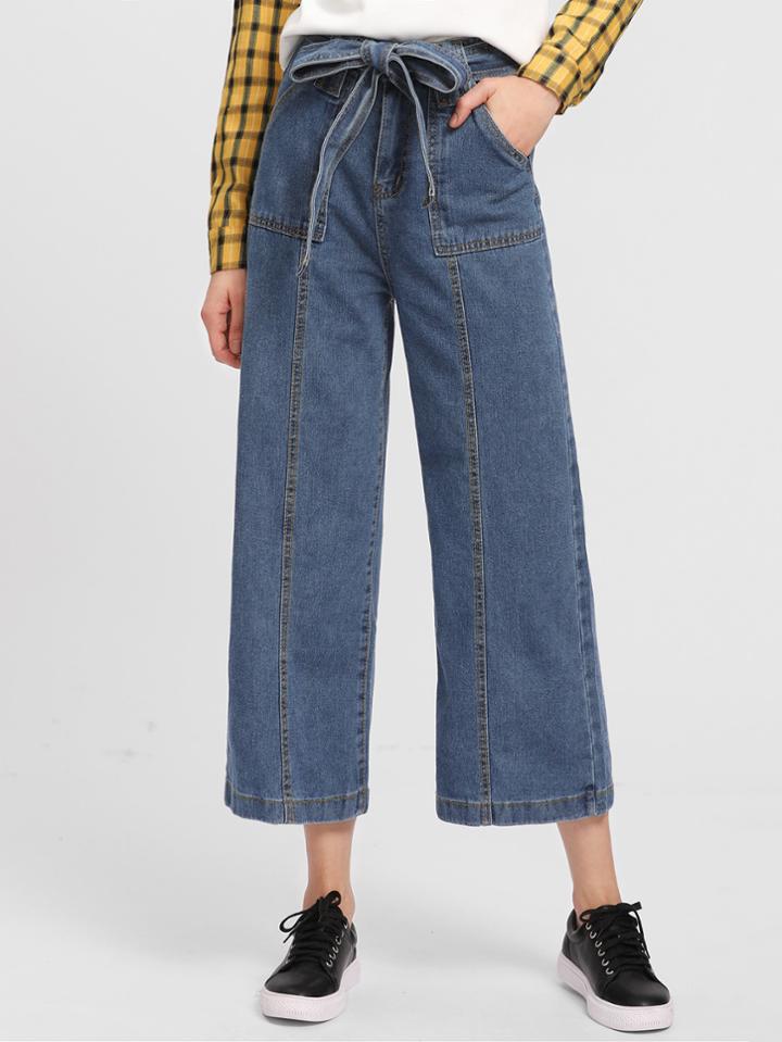 Romwe Tie Waist Wide Leg Jeans