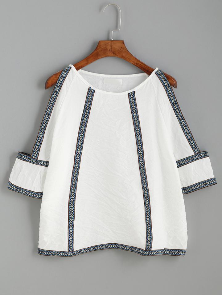 Romwe White Cold Shouder Embroidered Tape Detail Top