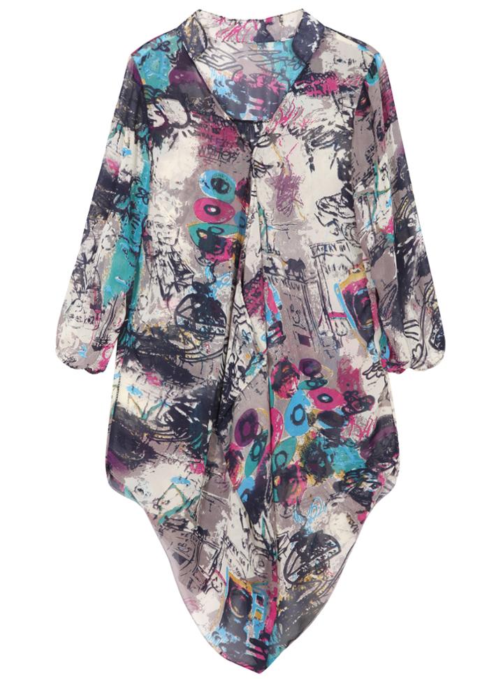 Romwe V Neck Dip Hem Print Loose Blue Blouse