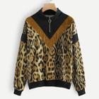 Romwe Quarter Zip Leopard Print Sweatshirt