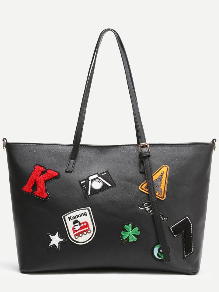 Romwe Black Faux Leather Patch Detail Tote Bag