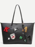 Romwe Black Faux Leather Patch Detail Tote Bag