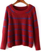 Romwe Bat Sleeve Striped Red Sweater