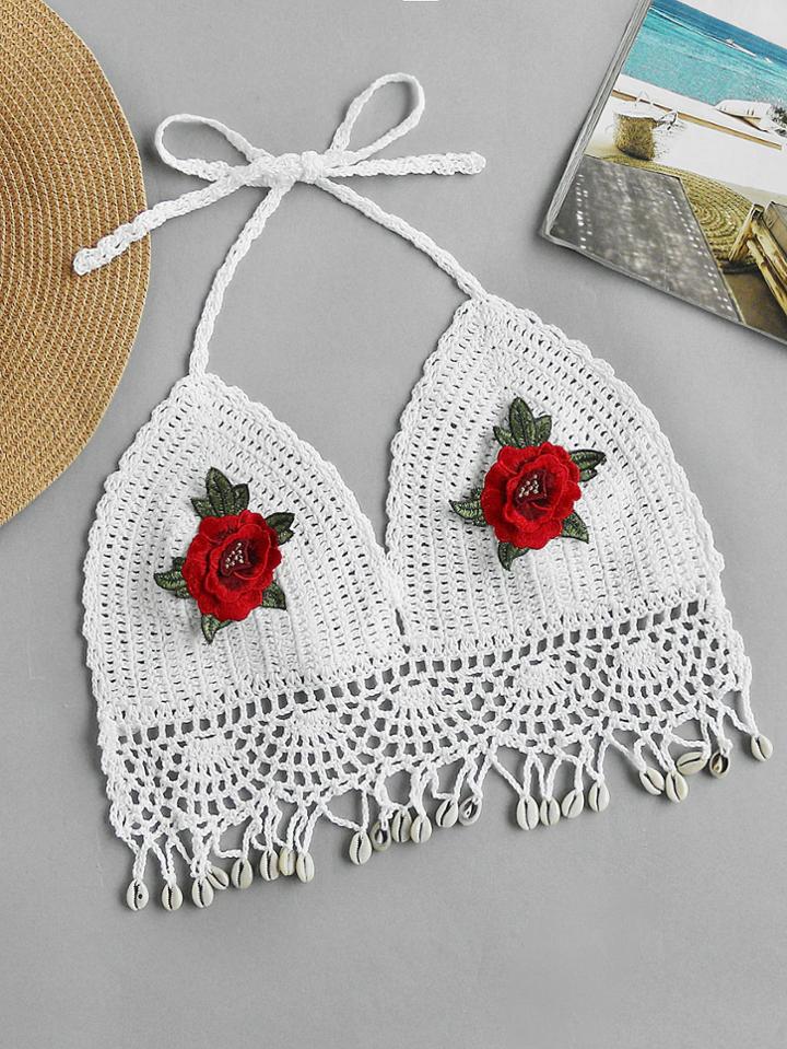 Romwe Halterneck Embroidered Appliques Crochet Top