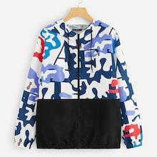 Romwe Plus Colorblock Camo Print Hooded Jacket